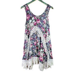 Umgee USA Crepe Sheer Lace Dainty Asymmetrical Southern Boho Tank Top, Sz L